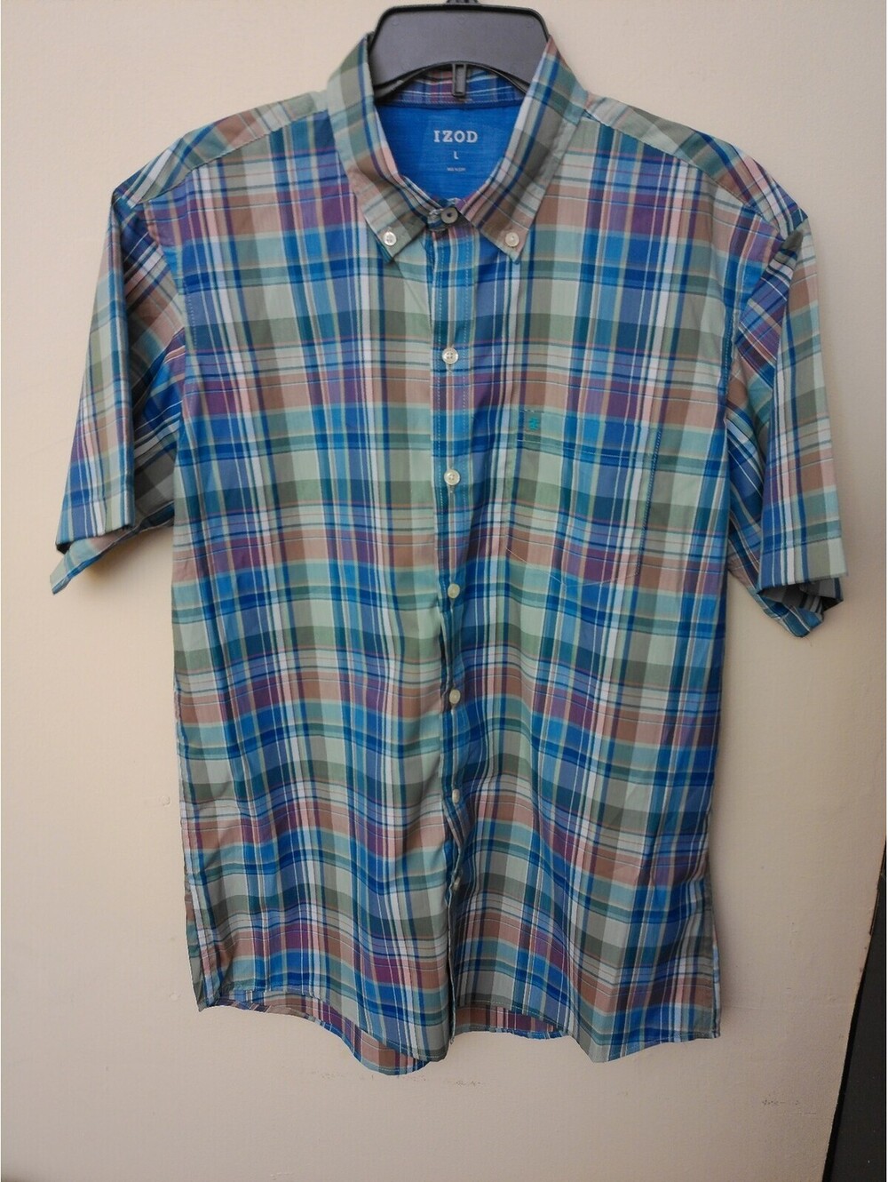 IZOD Button Down Shirt Mens Multicolor Plaid Size L Short Sleeve Casual